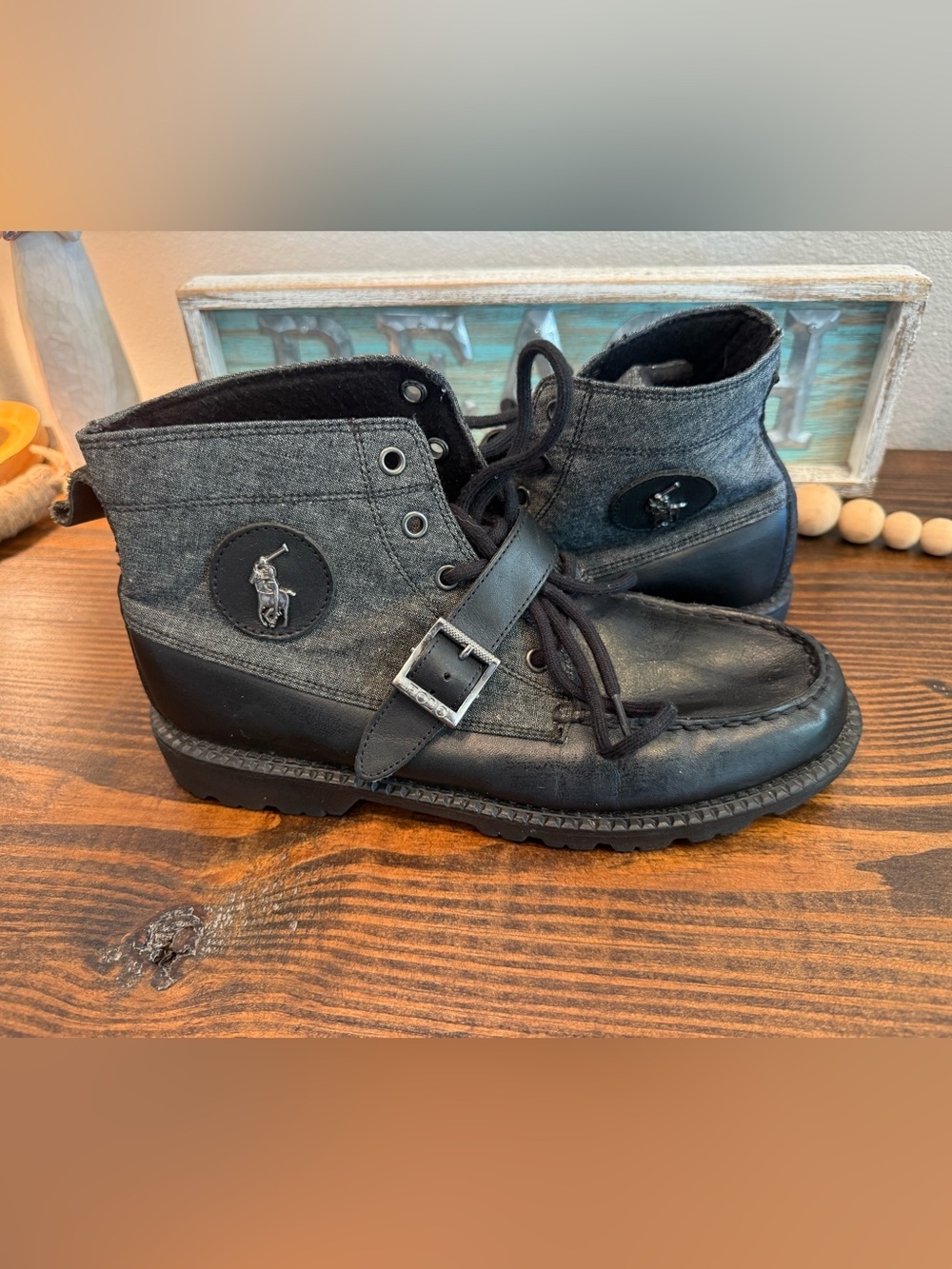 Polo Ralph Lauren Ranger Mid Boots Black Leather Canvas Boys 7 EU 40 Grunge Prep